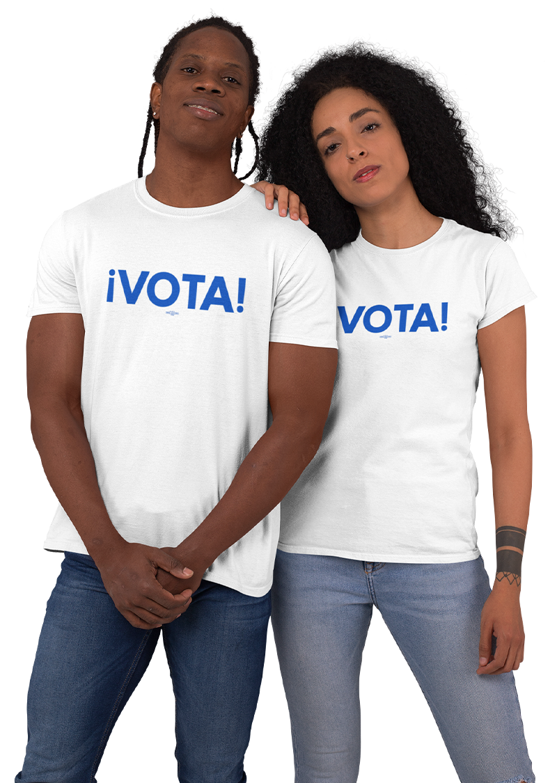 man and woman wearing vota t-shirts